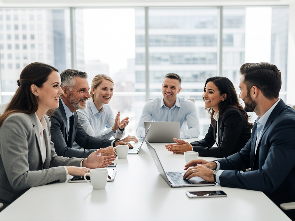 Diverse business team smiling during a collaborative office meeting with laptops in a modern conference room