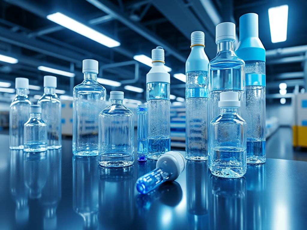 Botellas de laboratorio en una mesa reflectante iluminada, ambiente industrial.