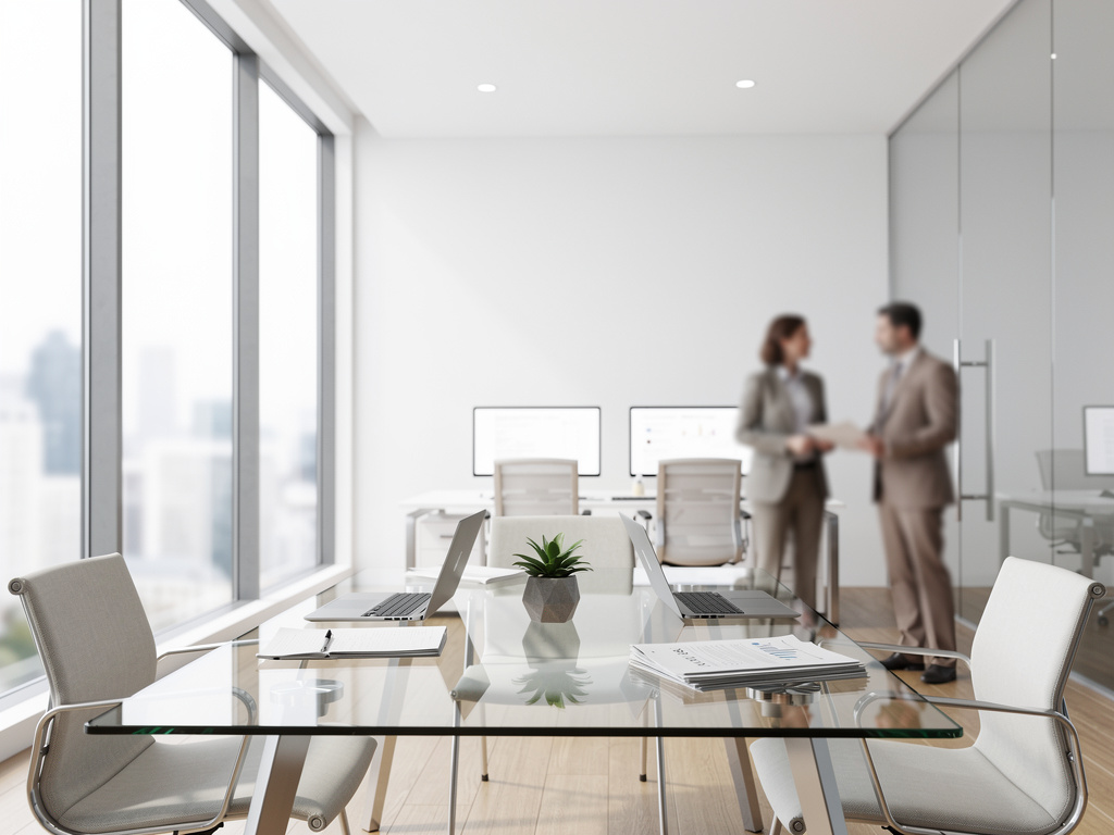 Oficina moderna con mesa de cristal, portátiles, planta y dos profesionales conversando junto a ventanales