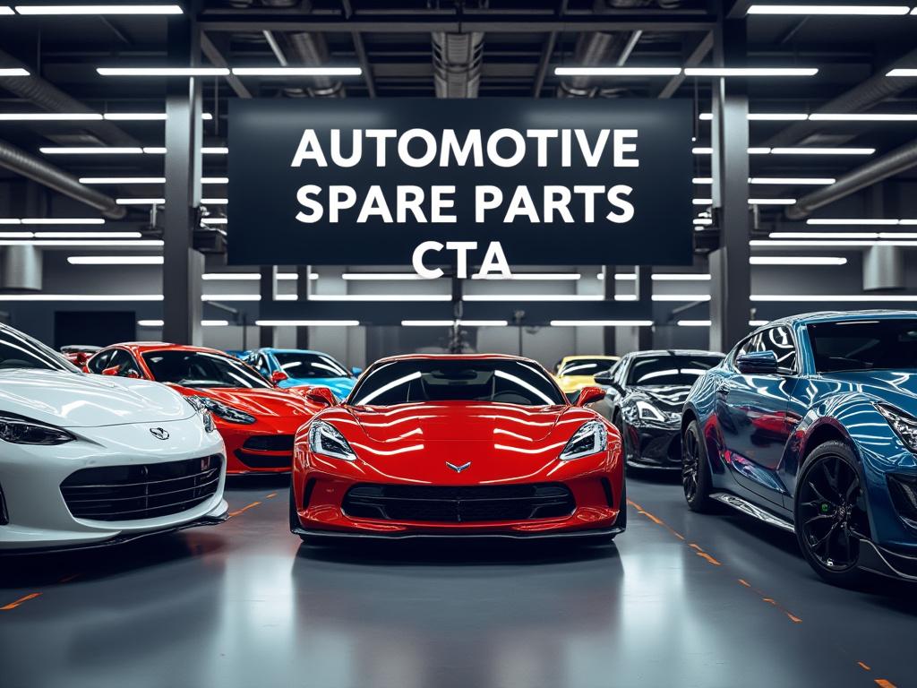 Interior de concesionario de autos deportivos con autos exóticos en rojo, blanco y azul, y cartel de 'Automotive Spare Parts CTA' en el fondo.