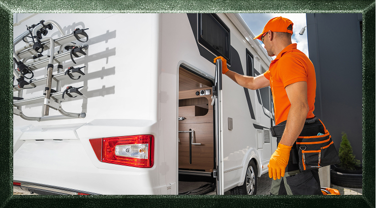 Man opening a door to service an RV. Man opening a door to service an RV.