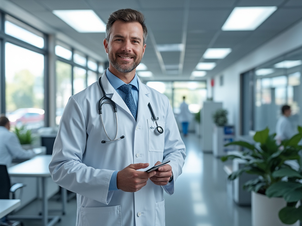 Médico sonriente en pasillo de hospital con bata blanca y estetoscopio.