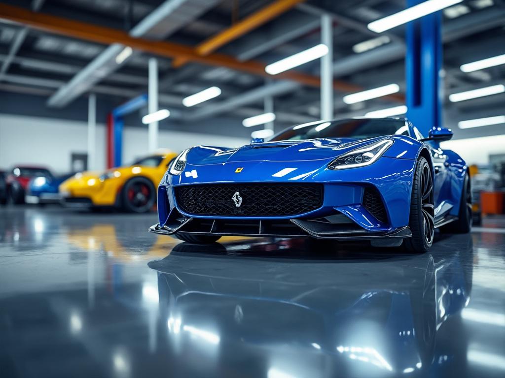 Auto deportivo azul en un taller con otros coches al fondo.