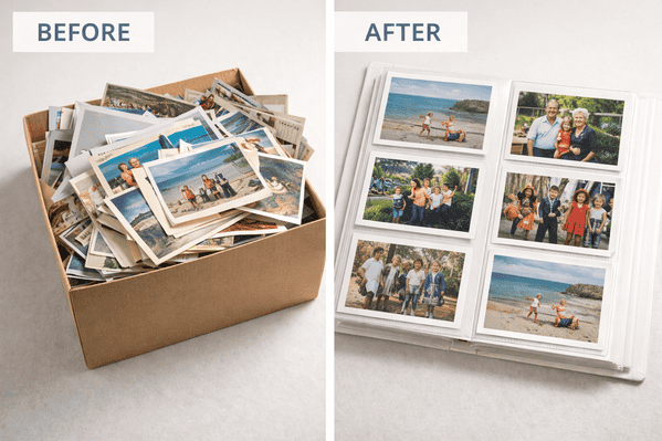 Before and after organizing old photos from shoebox to archival album Before and after organizing old photos from shoebox to archival album