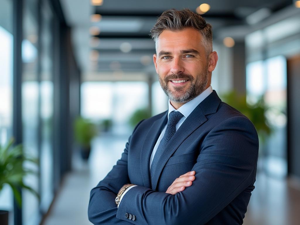 Confident professional in a suit smiling in a modern office setting with arms crossed.