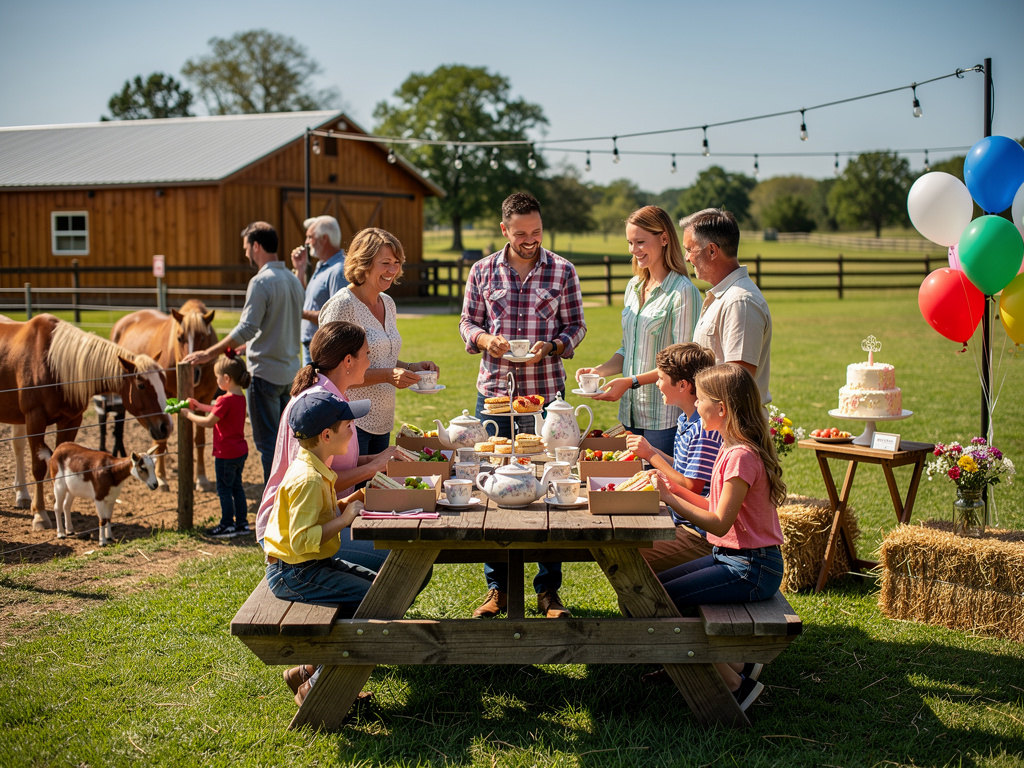 Family farm picnic tea party with children, ponies, balloons, cake, and rustic barn in sunny countryside