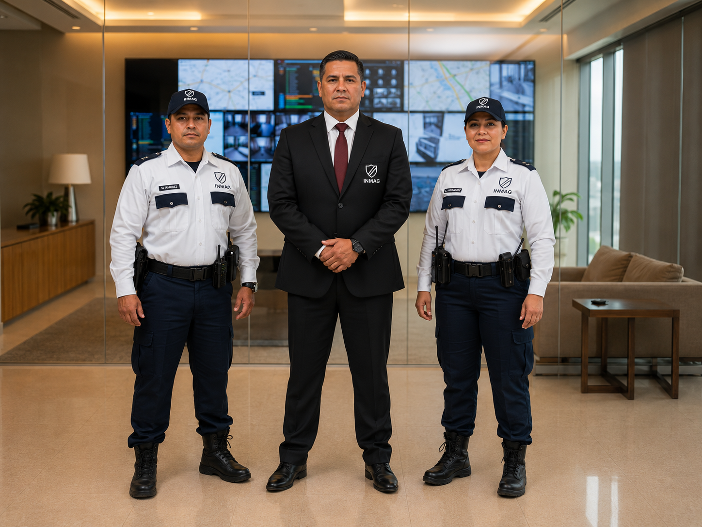 Tres oficiales de seguridad uniformados en centro de monitoreo con pantallas de vigilancia