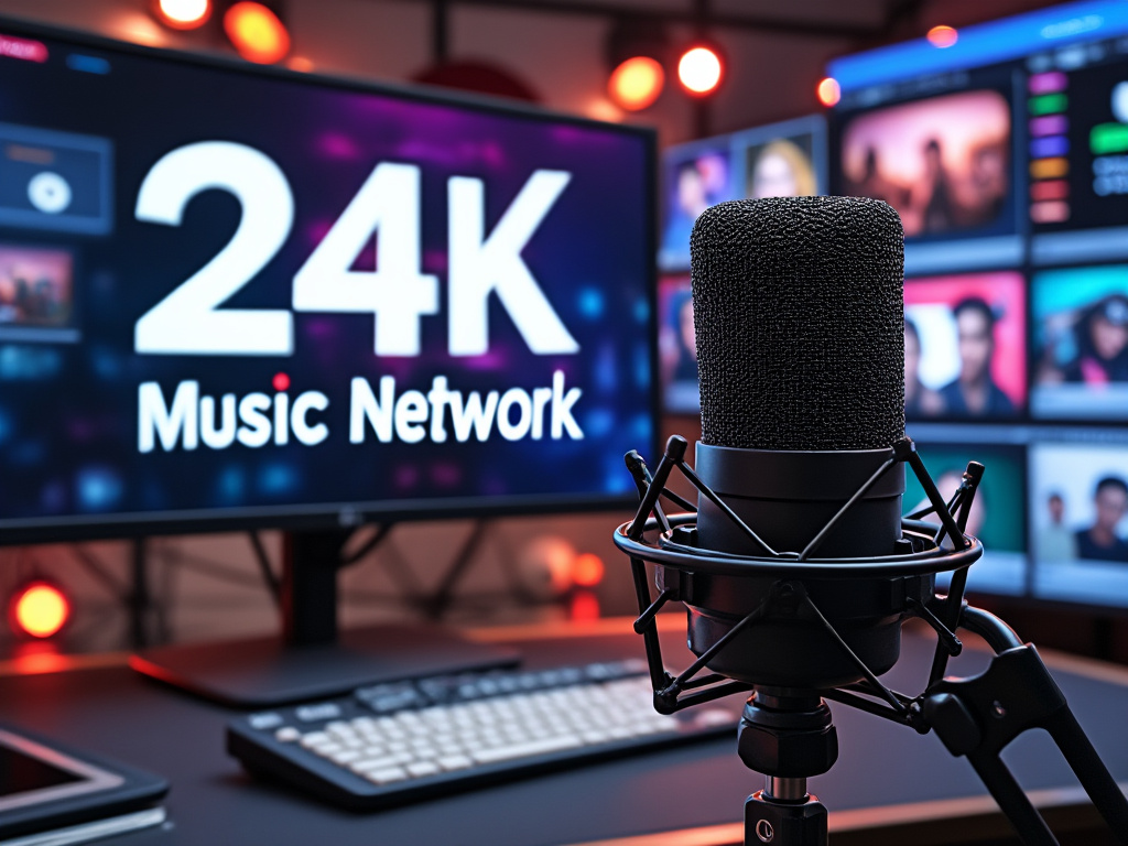 Professional microphone and 24K Music Network display in a modern recording studio setting.
