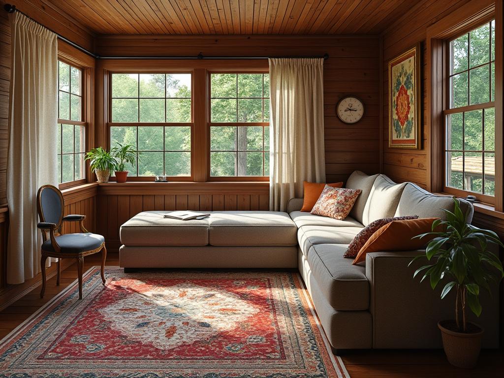 Cozy sunroom with a beige sectional sofa, cream curtains, a vibrant red patterned rug, wooden walls, potted plants, and large windows overlooking greenery.
