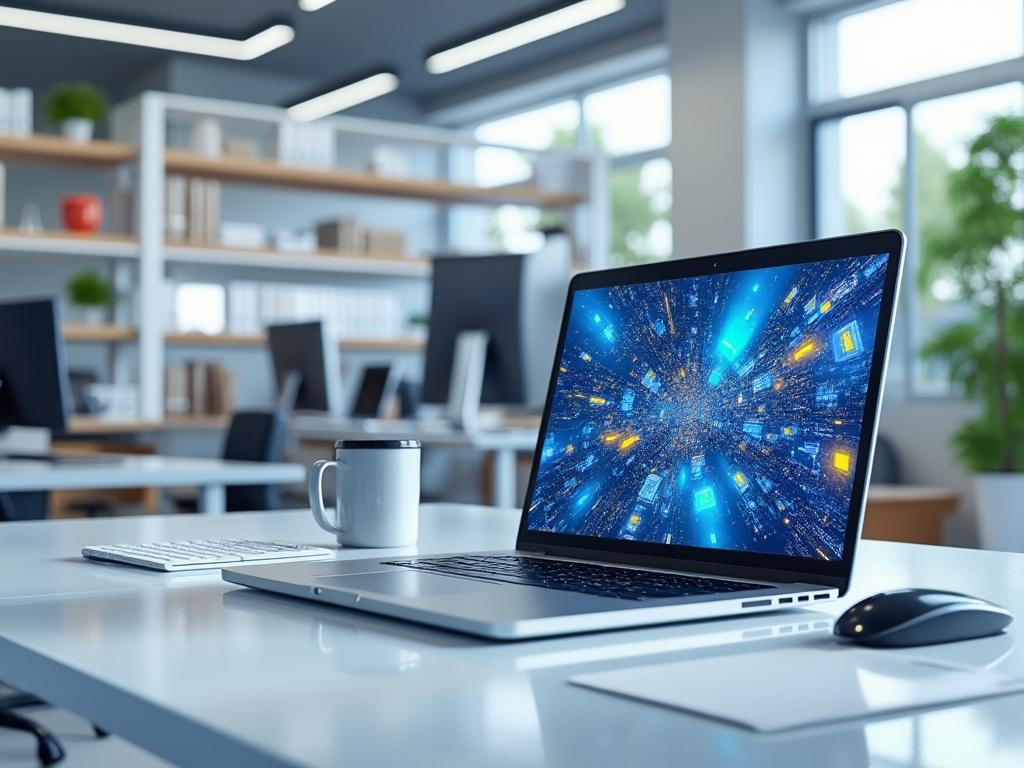Portátil en una oficina moderna mostrando un fondo digital de datos futuristas, junto a un teclado y una taza de café.