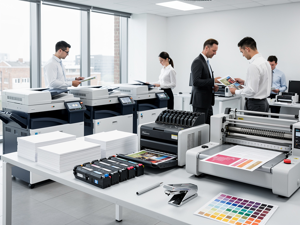 Imprenta digital moderna con equipos de impresión, laminadora, cartuchos de tinta y personal revisando documentos a color
