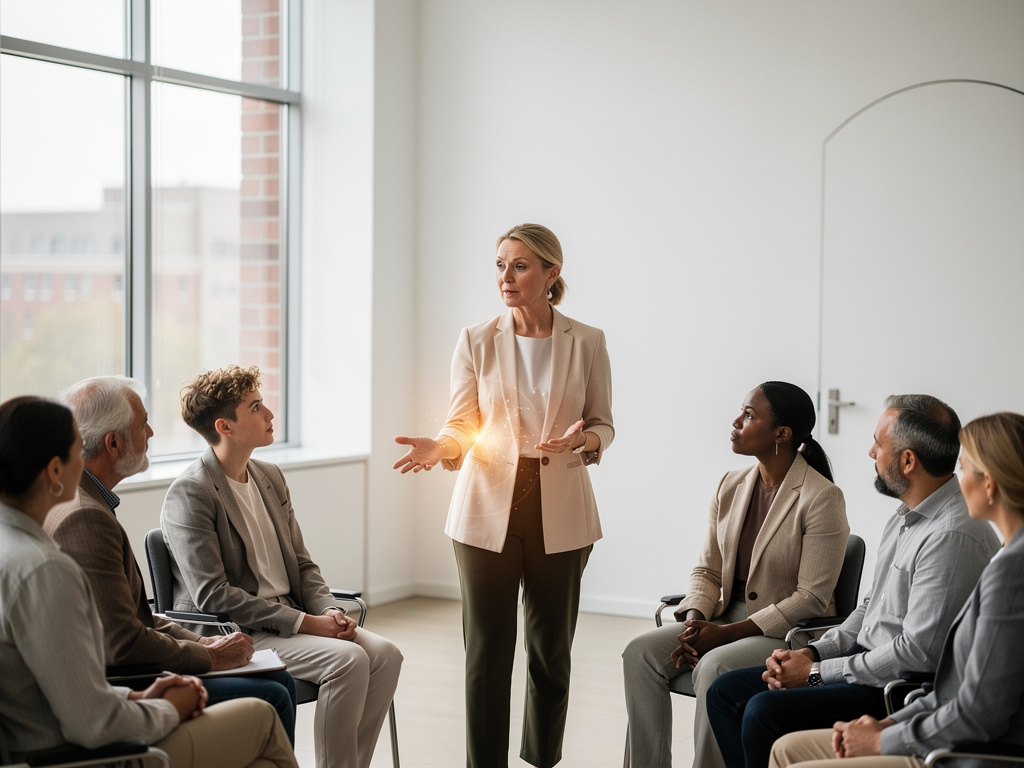 Business coach leading a professional team meeting in a bright modern office