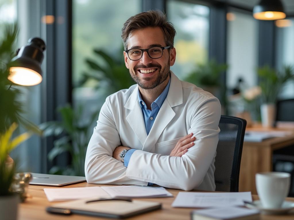 Hombre con gafas y bata blanca sonriendo en una oficina luminosa con plantas y documentos.
