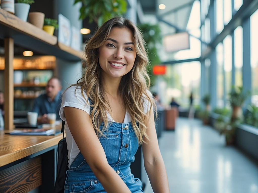 Mujer joven sonriendo en una cafetería luminosa con plantas.