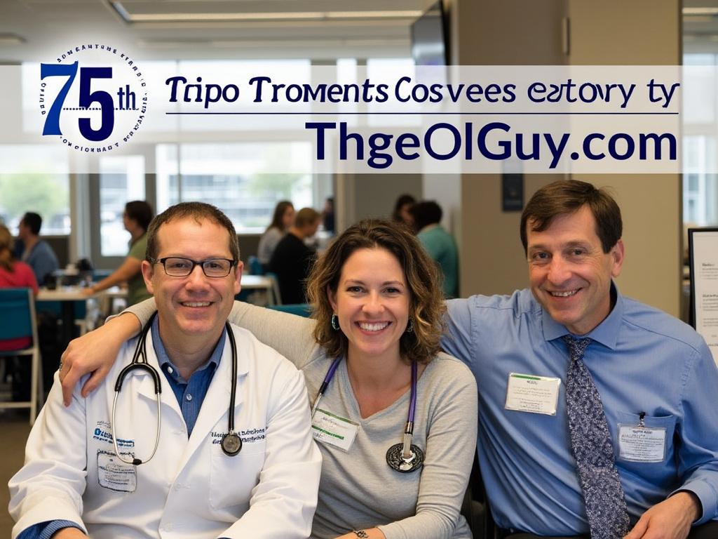Three medical professionals smiling and sitting together at a conference or meeting, wearing name badges and stethoscopes, with a 75th-anniversary banner in the background.