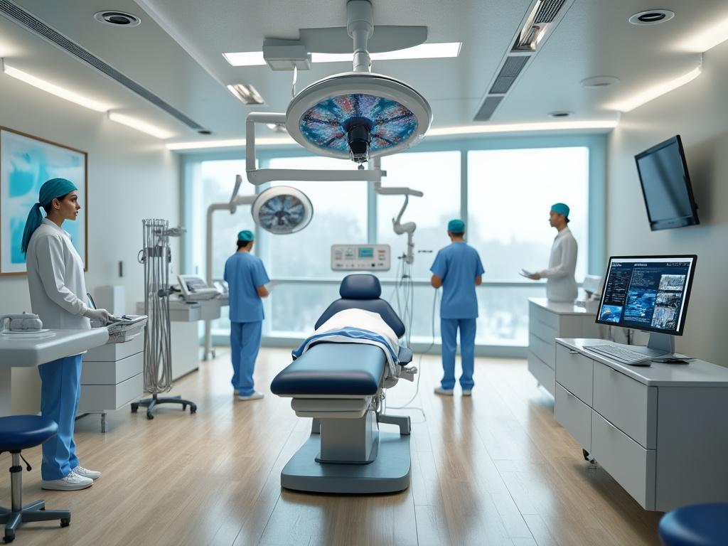 Sala de cirugía moderna con personal médico en uniformes azules rodeando una camilla, equipada con tecnología avanzada y pantallas de monitoreo.