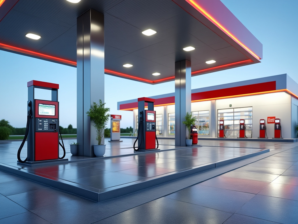 Moderna estación de servicio con surtidores rojos, techado iluminado y cielo despejado en el fondo.