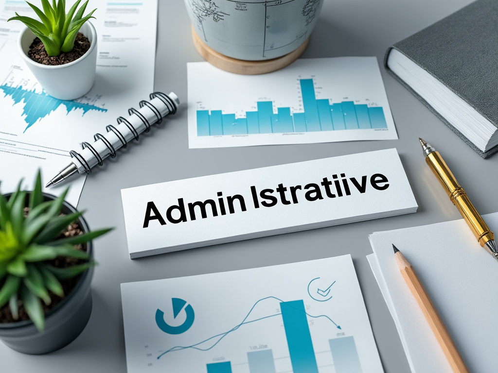 Oficina con gráficos, plantas y cartel de 'Administrative'.