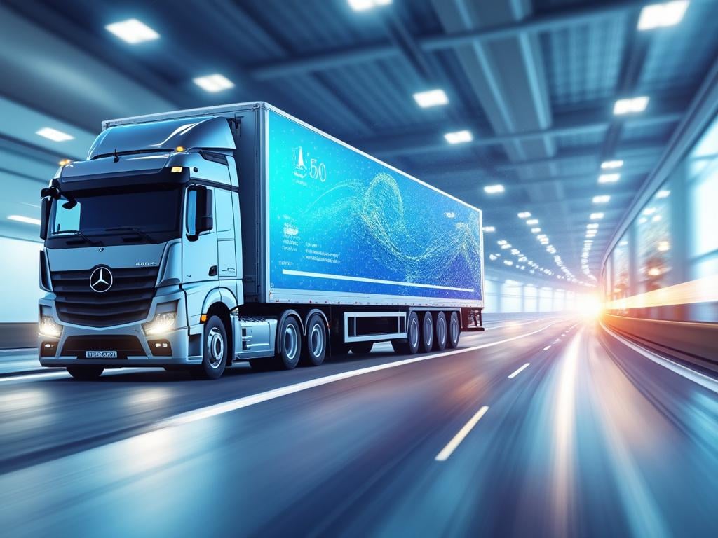 Camión de carga avanzada Mercedes-Benz en un túnel iluminado, destacando su diseño moderno y tecnología de transporte eficiente.