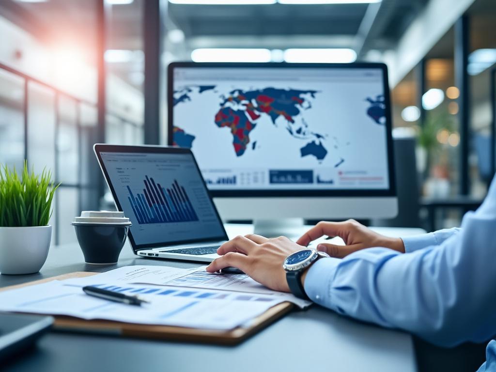 Persona trabajando en computadora portátil con gráficos financieros, taza de café y monitor mostrando mapa del mundo en oficina luminosa.