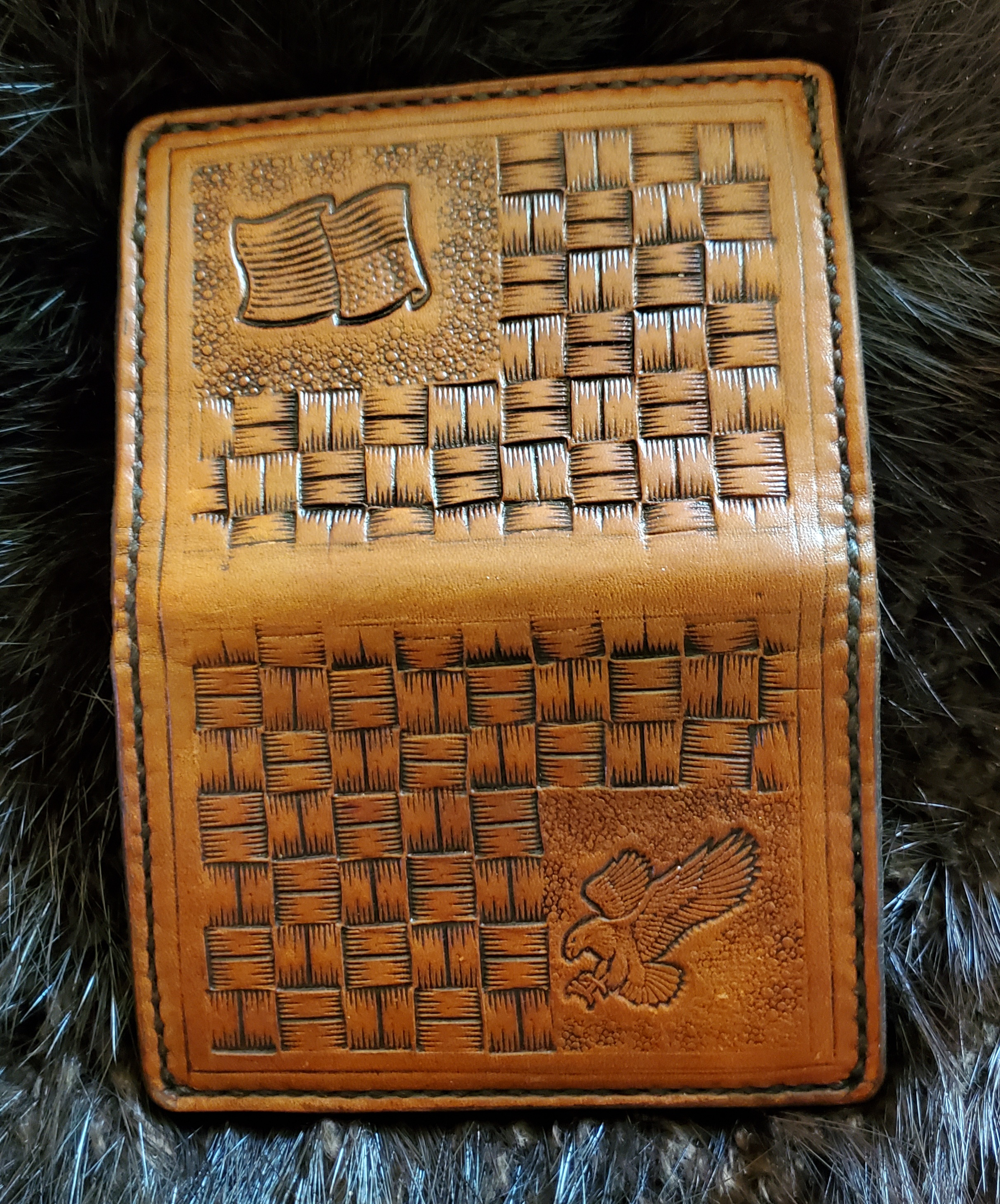 (Outside)  Minimalist 4 pocket Wallet hand tooled and stitched, $75.00