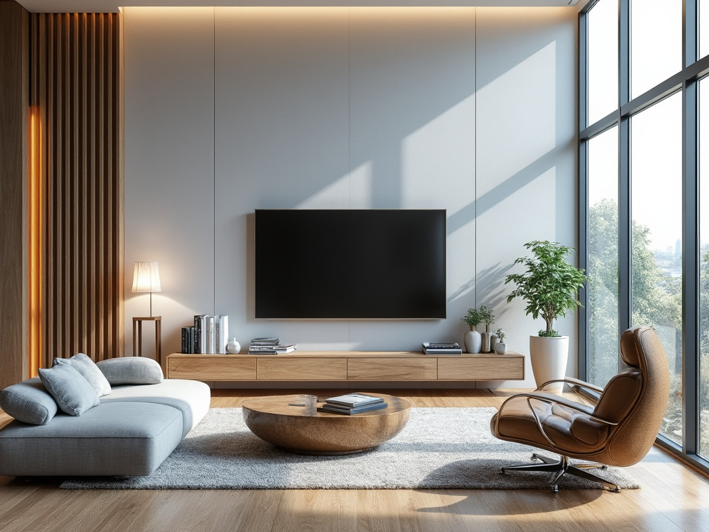 Modern living room with wall-mounted TV, sectional sofa, lounge chair, wood furniture, large windows, and indoor plants