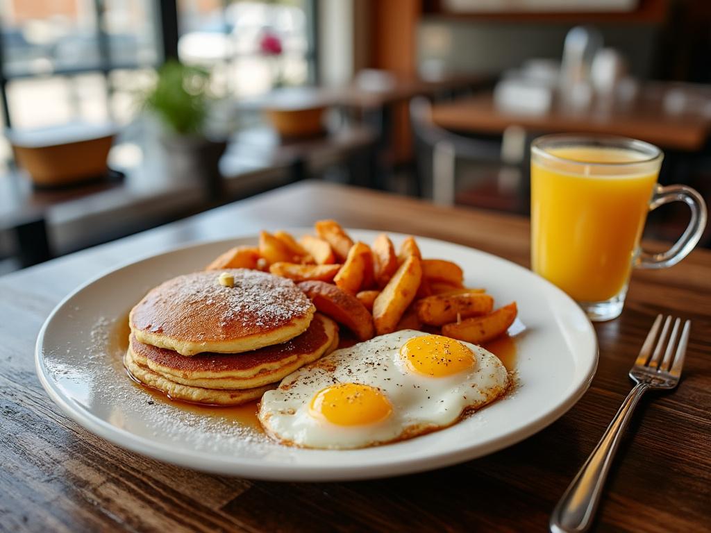 Breakfast plate with pancakes, sunny-side-up eggs, and fries next to a glass of orange juice on a wooden table.