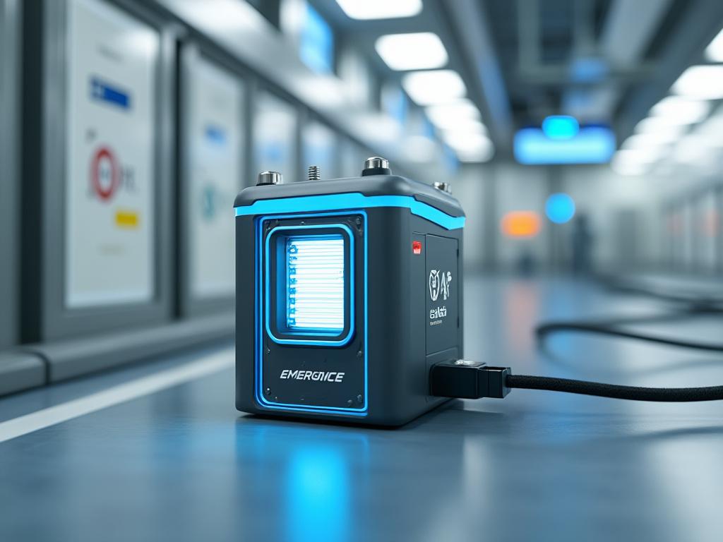 Dispositivo tecnológico iluminado con luces azules en un entorno futurista.