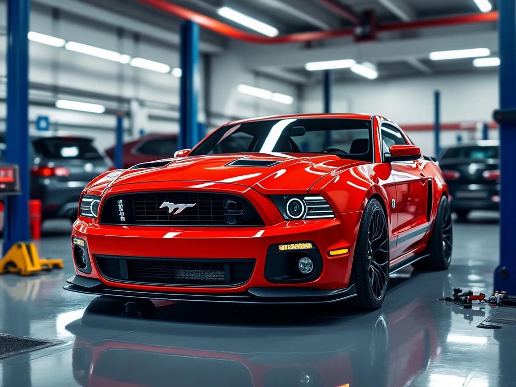 Red sports car parked inside an automotive workshop with modern lighting.