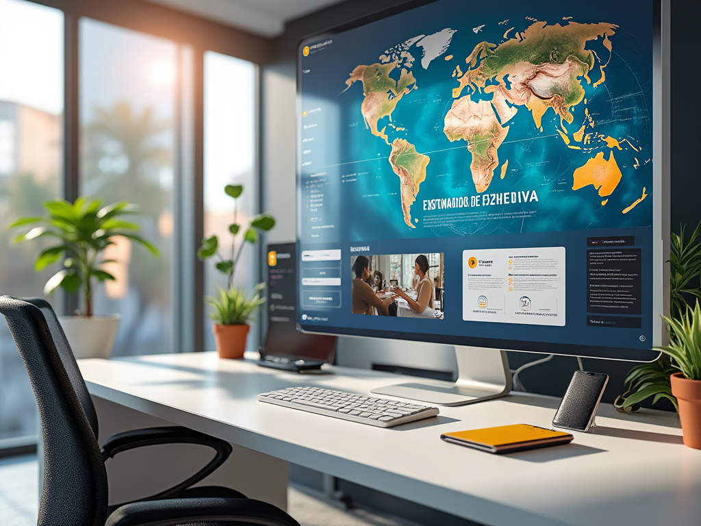 Oficina moderna con escritorio blanco, pantalla grande mostrando un mapa mundial, plantas decorativas y luz natural.