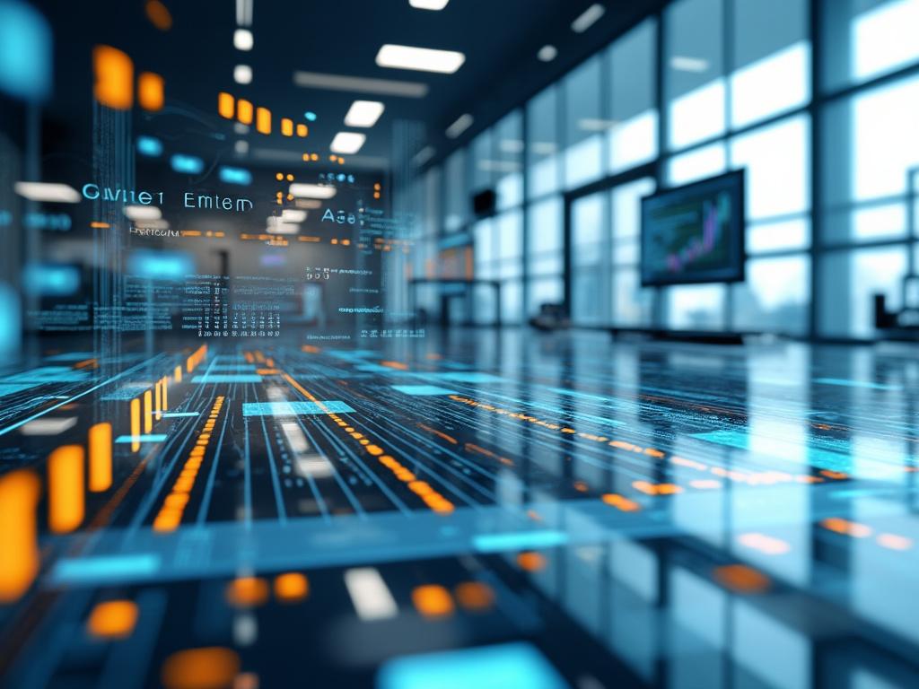 Oficina moderna con pantallas digitales y datos en visualización tecnológica, ambiente futurista.