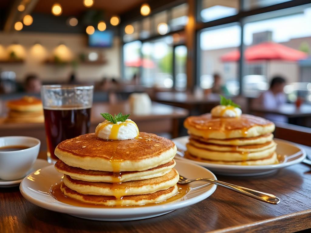 Stack of pancakes with syrup and cream, served with coffee and a drink, in a cozy cafe setting.