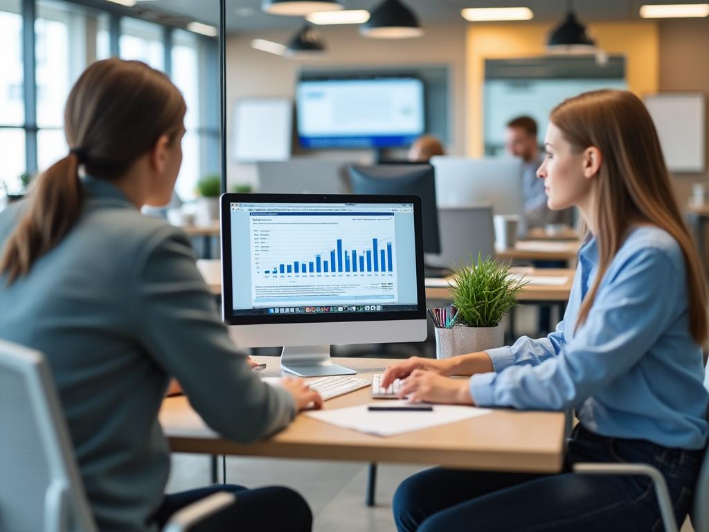 Dos mujeres trabajando en una oficina moderna, analizando gráficos en una computadora.