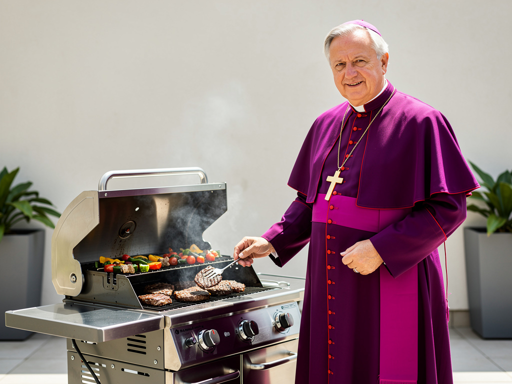 Obispo con vestimenta púrpura cocinando carne y verduras en una barbacoa al aire libre