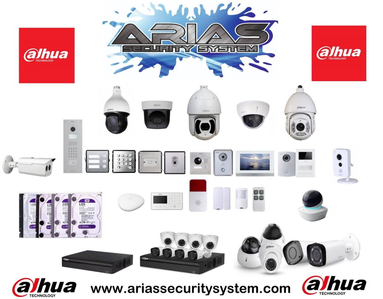 Variadas cámaras y equipos de seguridad Dahua con el logotipo de Arias Security System y enlaces a www.ariassecuritysystem.com
