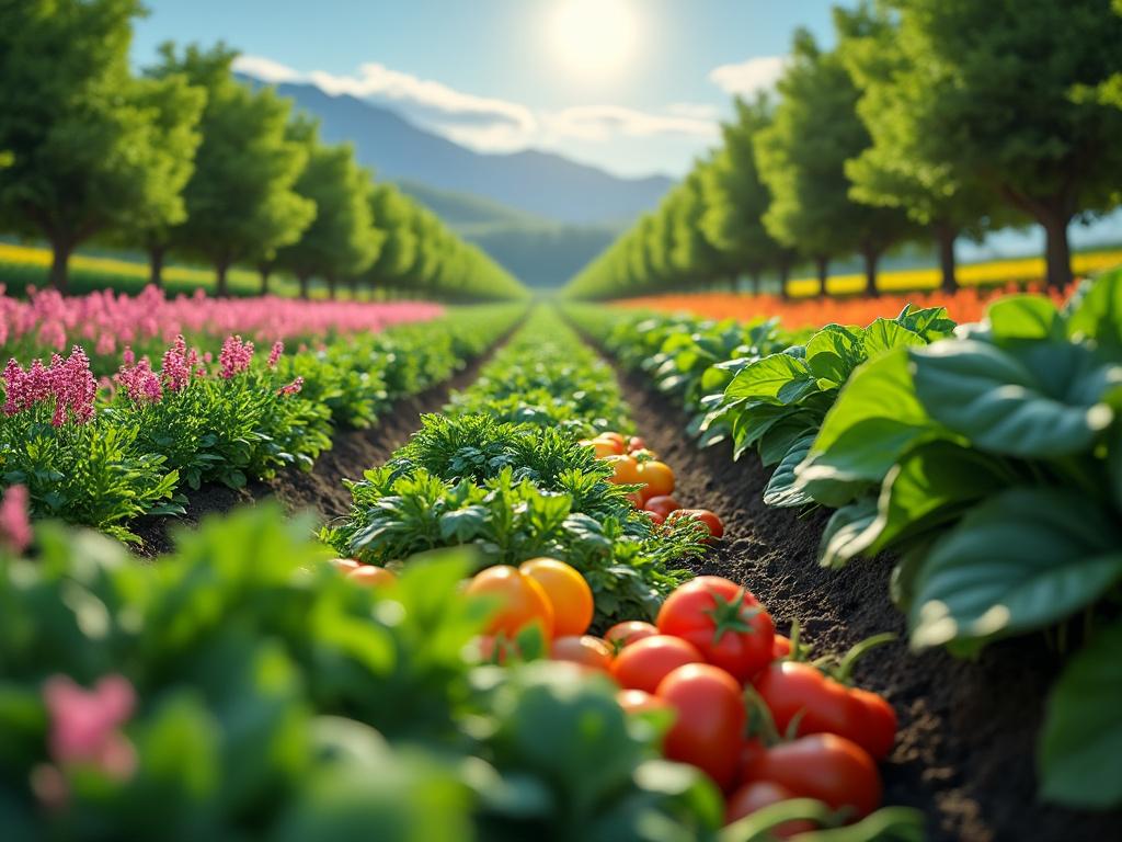 Campo agrícola con hileras de tomates maduros, flores y árboles en un día soleado.