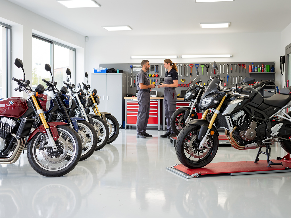 Taller de motocicletas moderno con mecánicos, motos en reparación y herramientas en la pared