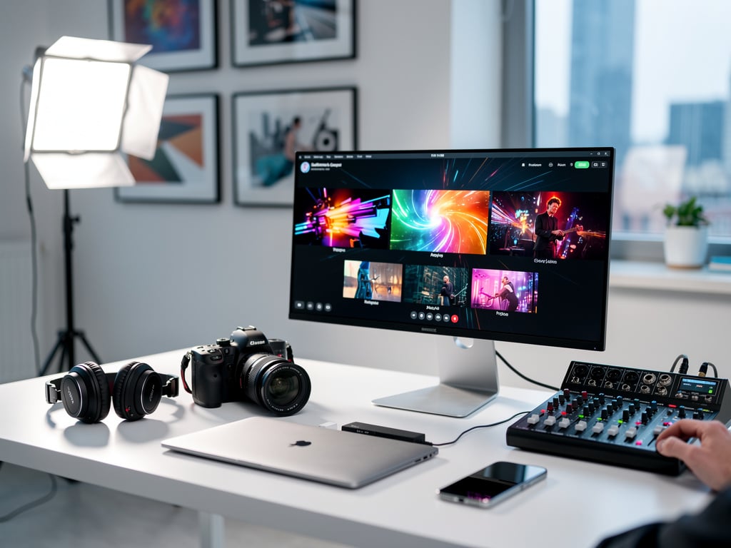 Estudio de producción audiovisual con monitor de edición en vivo, cámara, auriculares, mesa de mezclas y luz profesional