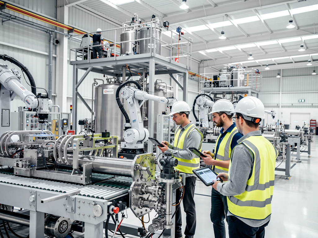 Ingenieros con cascos supervisan robots industriales y maquinaria automatizada en una planta de fabricación moderna