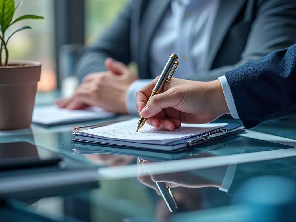 Persona firmando un documento en una oficina moderna con una planta en la mesa.