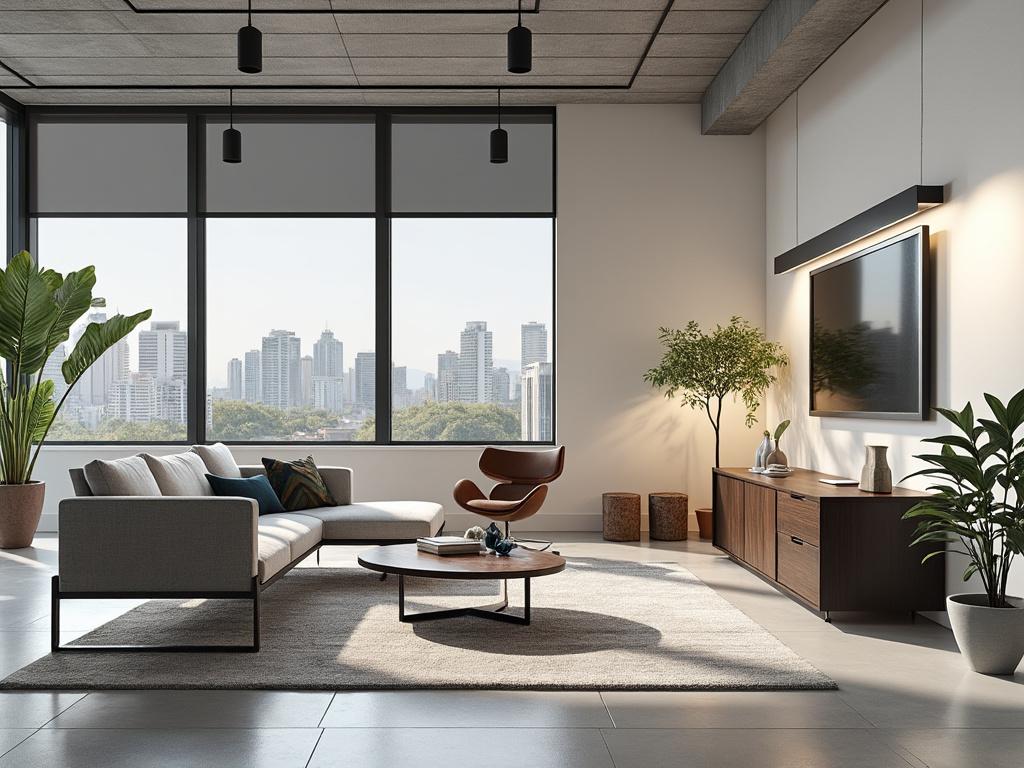 Sala de estar moderna con sofá beige, silla de cuero, mesa de centro, televisión montada y grandes ventanales con vista a la ciudad.