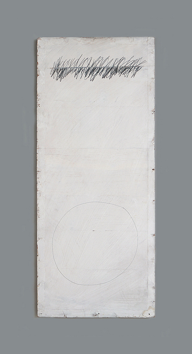 A vertical white panel with a straight line of scribbled pencil marks and a circle.