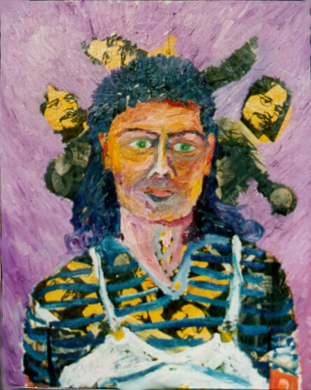 Op-042 SELF PORTRAIT IN OVERALLS 30 in x 24 in Oil and Collage on Board artist&apos;s collection