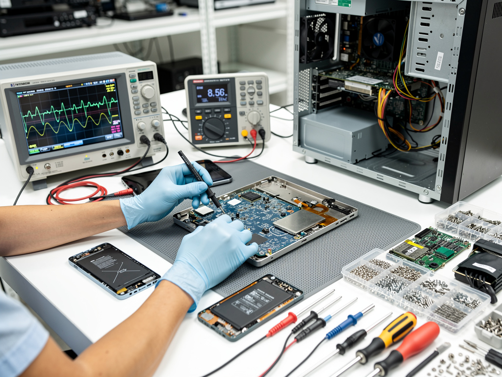 Técnico reparando placa base de portátil en banco de electrónica con osciloscopio, multímetro, herramientas y torre de PC abierta