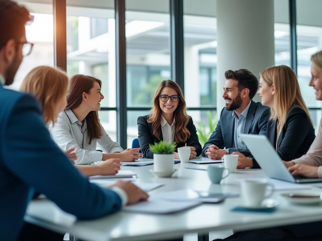 Un grupo de personas en una reunión de negocios en una sala de conferencia moderna, con documentos y tazas sobre la mesa.
