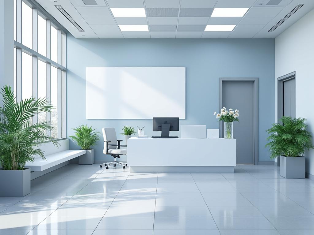 Recepción moderna de oficina con escritorio blanco, silla giratoria y plantas decorativas en un entorno luminoso.
