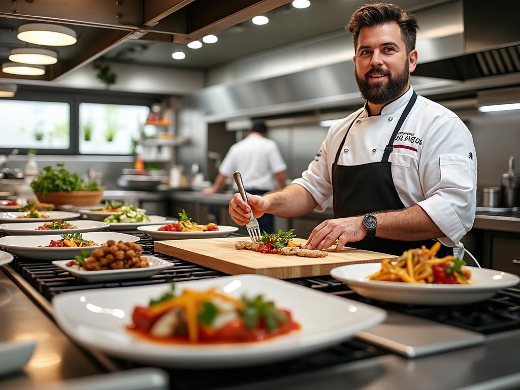 Chef cocinando en cocina profesional, emplatando platos gourmet con verduras frescas y detalles decorativos.