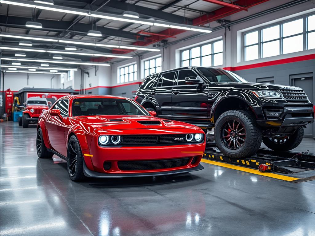 Coches deportivos y todoterreno en un taller mecánico moderno, con un auto rojo y un SUV negro.