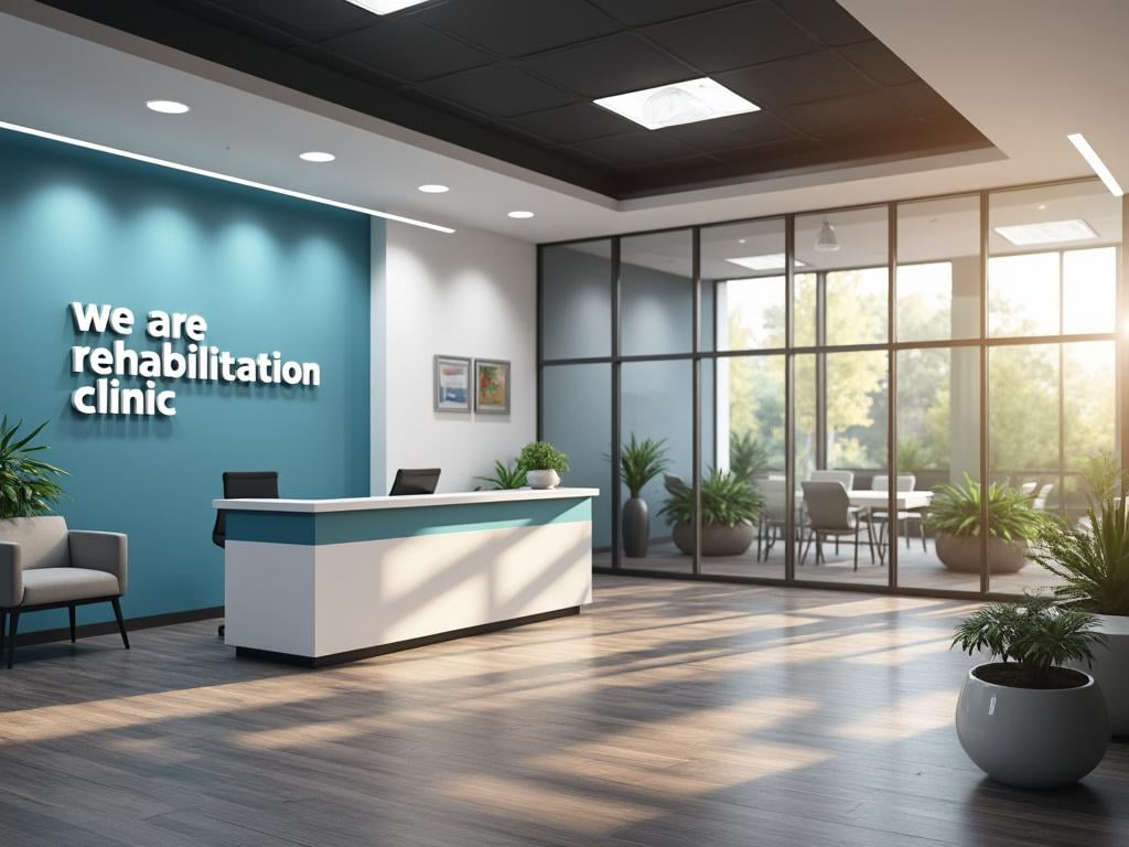 Recepción de clínica de rehabilitación con diseño moderno, decoración en tonos azules y plantas.