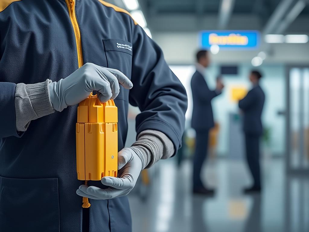 Persona con guantes sosteniendo dispositivo amarillo en entorno industrial, dos personas conversando en segundo plano.